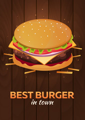 Lunch with burger. Fast food poster. Vector Illustration.