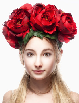 Portrait of a Girl with Flower Arrangement on Head