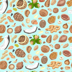 Seamless pattern with colored nuts and seeds