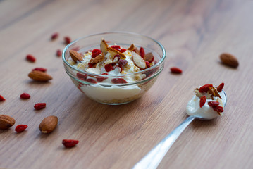 breakfast yogurt with almonds and goji