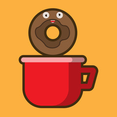 Live donut and cup, sweet character, vector image, flat design