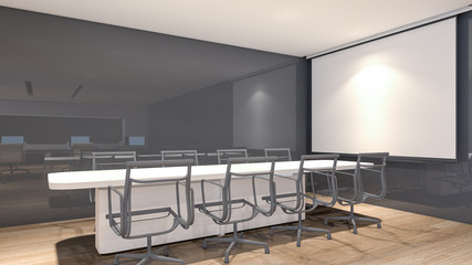 Modern meeting room with projection screen and conference table , 3D rendering