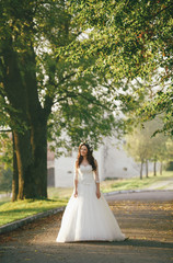 Beautiful bride is walking in the lovely park