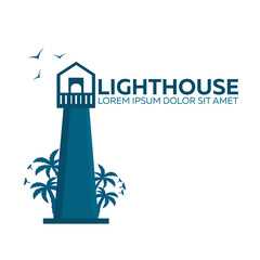 Lighthouse logo. Palm and birds. Vector flat illustration.