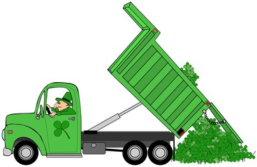 Illustration of a man in a truck dumping a load of St. Patricks day shamrocks.   © Dennis Cox