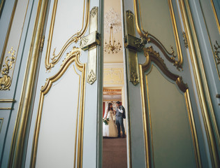 Amazing interior of the castle and newlyweds inside