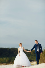 Young newlyweds are walking on the sand