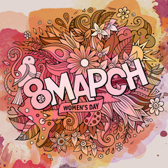 Cartoon cute doodles hand drawn 8 March inscription. Watercolor 