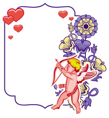 Elegant frame with Cupid, decorative flowers and hearts. Vector clip art.