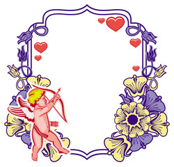 Elegant frame with Cupid, decorative flowers and hearts. Vector clip art.