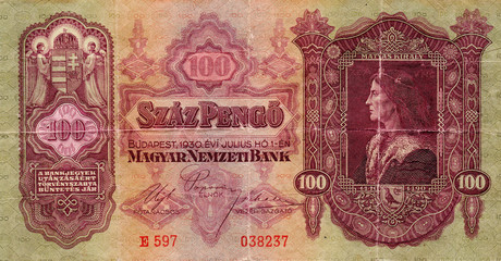 Old Hungarian banknote Magyar, 100 pengo 1930. Isolated on a white background.