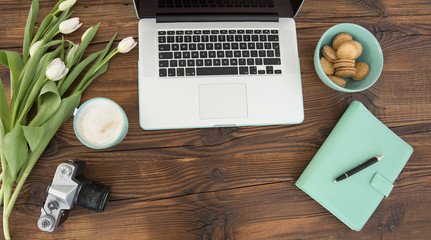 view of the desk with mint accessories