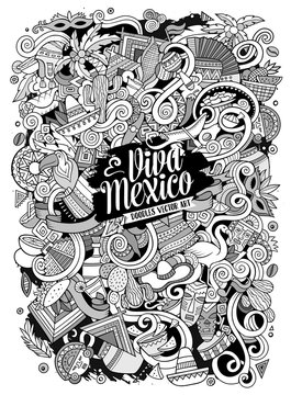 Cartoon hand-drawn doodles Latin American illustration. Line art