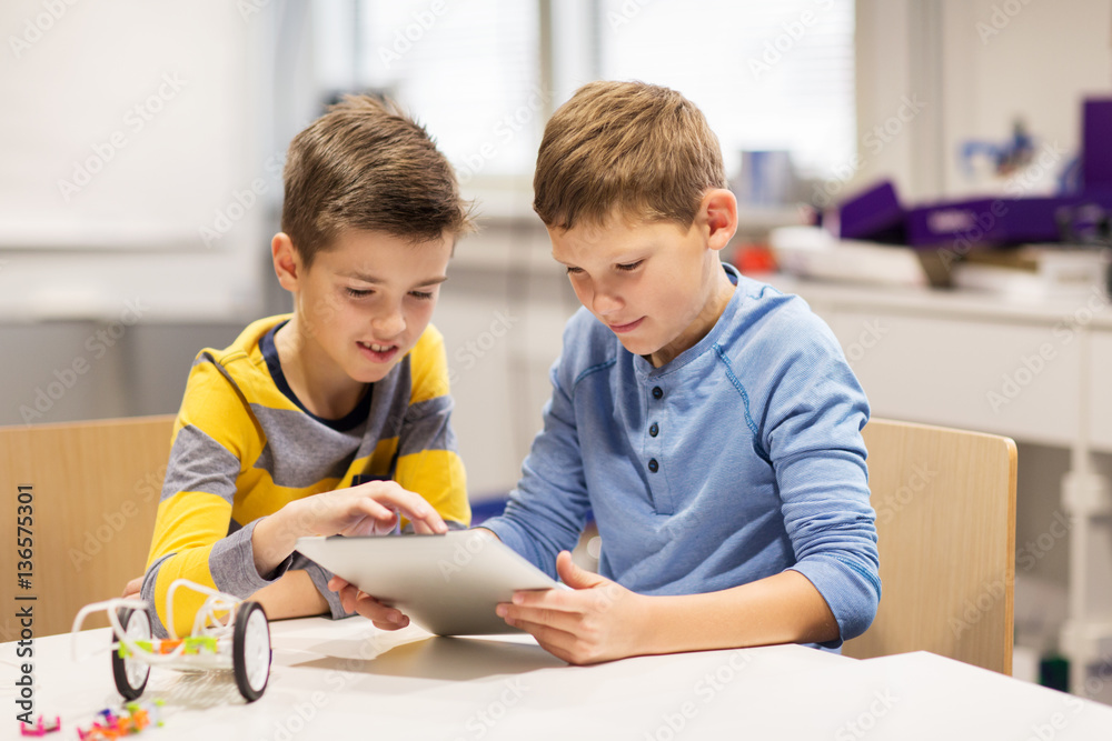 Wall mural kids with tablet pc programming at robotics school