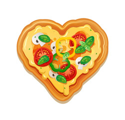 Pizza on white background with cheese, tomatoes, peppers and mushrooms ingredients.