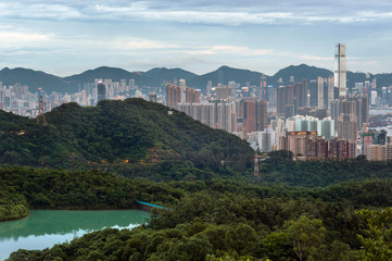 View of the Hong Kong skyline as seen from Kam Shan, Kowloon. Kam Shan is a mountain in Kam Shan Country Park, Northern Kowloon.