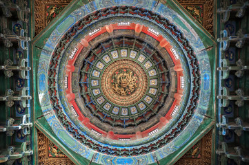 Ornate ceiling inside a pavilion at the Forbidden City, Beijing, China