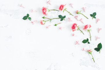 Flowers composition. Frame made of rose flowers. Valentine's Day. Flat lay, top view