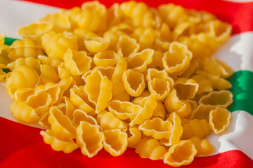 Traditional Italian cuisine. Close-up top front view. Dried Macaroni on the colors background of the Italian flag