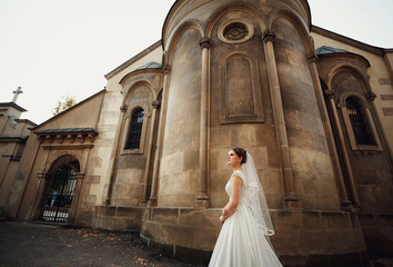 bride in a white dress  doing  a photo shoot outdoors