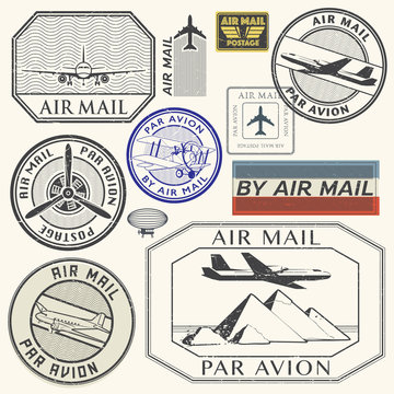 Grunge rubber ink stamps set with plane text air mail