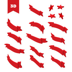 3d ribbon vector icon set red color on white background. Decoration for app and web. Label, badge and borders collection.
