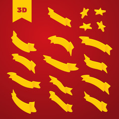 3d ribbon vector icon set yellow color on red background. Decoration for app and web. Label, badge and borders collection.