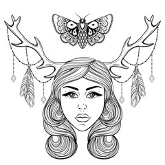 Beautiful girl with boho deer's horns like shaman. Vector forest
