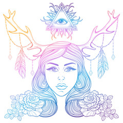 Beautiful girl with horns decorated boho elements. Color vector