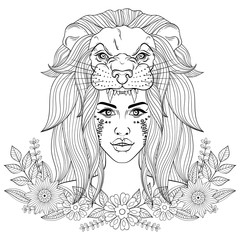 Portrait of boho girl with leon head mask, woman in floral wreat
