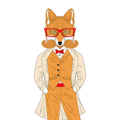 Vector anthropomorphic fox in elegant classic suit with coat. Ha - 136582178