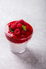 Yogurt with Fresh Raspberries and Chia seeds and mint.Concept Of A Healthy Breakfast.selective focus.