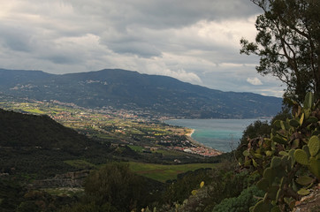 Amazing mountain landscape. Cloudy day. View from sightseeing area near Sanctuary of the Madonna di Tindari. Tindari. Sicily 