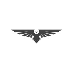 Eagle logo, silhouette predator hawk bird wide wingspan floating in the air, flying animal tattoo emblem mockup
