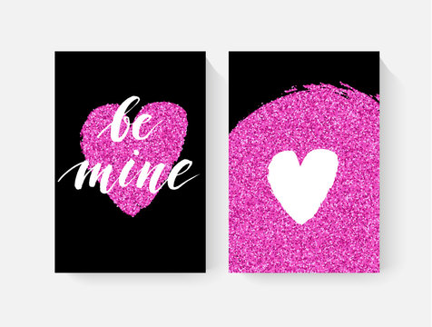 Valentine's day cards with hand lettring and pink glitter details.