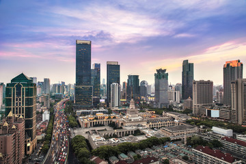 Naklejka na ściany i meble Aerial view of Shanghai cityscape at sunset