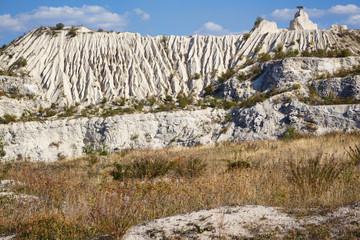 Fototapeta na wymiar View on hills and fields from a limestone cliff at a quarry under a beautiful blue sky, abandoned white stone career, tree growing on stone, in fetesti village, Moldova