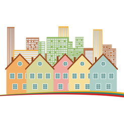 Building and City Illustration. Urban cityscape.  Houses silhouettes vector. Color residential buildings logo.