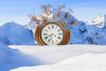 surreal broken clock on the snow