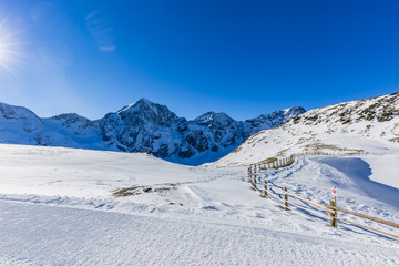 Fototapeta na wymiar Italian Alps. Solda with Ortler, Zebru, Grand Zebru in background. Val Venosta, South Tirol, Italy. 