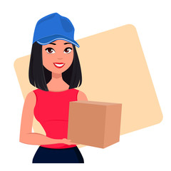 Young cartoon girl from courier delivery services holding large cardboard box. Packaging for delivery of the goods, pretty young woman. Vector illustration