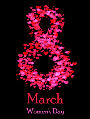 Woman day greeting card. Digit Eight made of many hearts. Greeting card for the 8 of March. Vector illustration. Usable for flyer, poster, invitation etc.