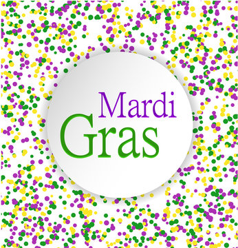 Mardi Gras abstract pattern made of colored dots on white background with colored words in circle in center.Yellow, green and purple confetti for carnival backdrop, design element. Vector illustration