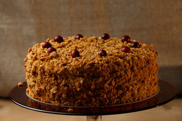 Homemade honey cake with nuts and spices.