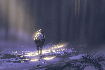 alone astronaut walking in snow,illustration painting