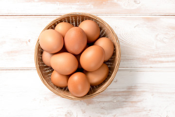 Overhead of Brown Chicken Eggs in Wicker Tray
