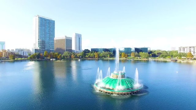Orlando, Florida, USA - DEC, 2016: Aerial view Eola Lake fountain at Orlando downtown, Florida