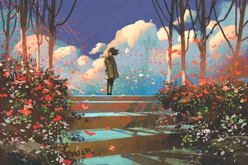  man standing on top of the steps in the park with crowd of butterflies,illustration painting © grandfailure