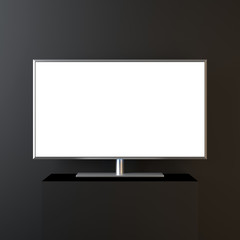 Premium Smart TV with metal frame and stand. White Screen on black wall. Realistic, 3d rendering