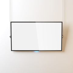 Modern Smart TV panel Mockup with white screen hanging on the wall by ropes, 3d rendering